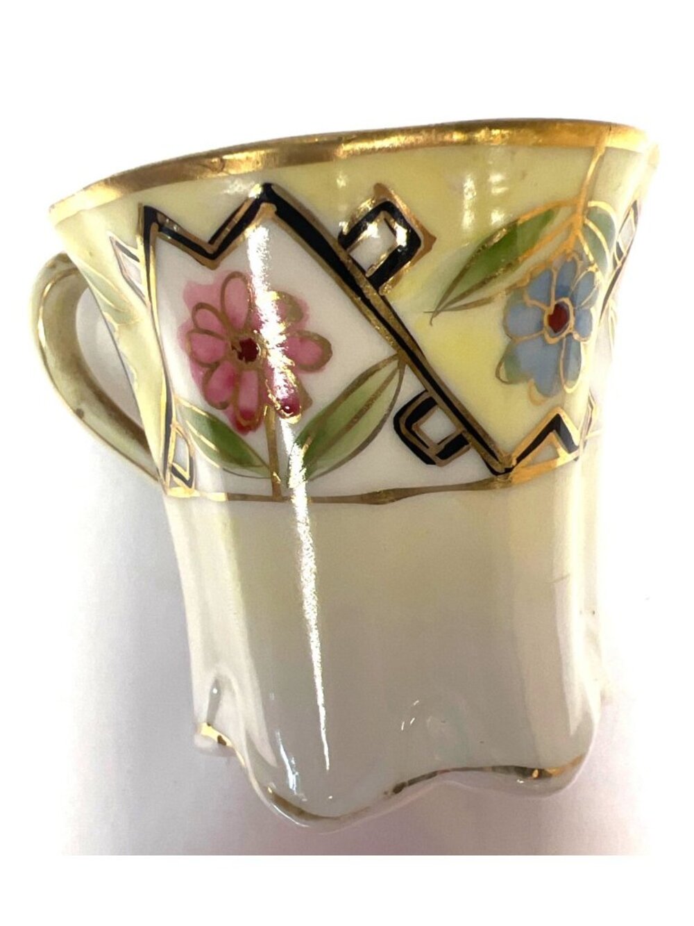 Antique Nippon Hand-Painted Porcelain Teacup With Floral & Geometric Design